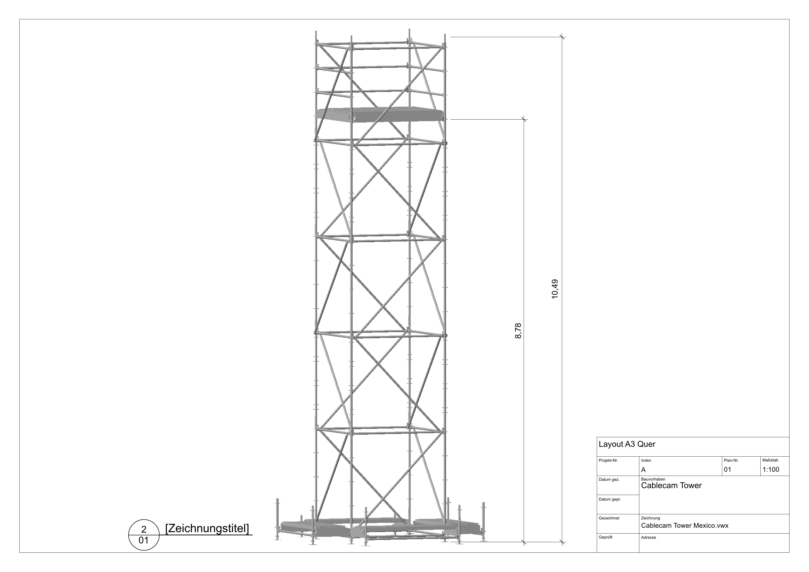 CAD-Zeichnung CableCam Tower, Höhe 10,49 m